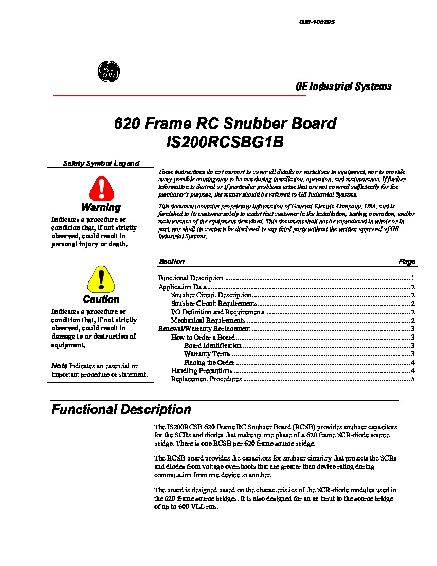 First Page Image of IS200RCSBG1B 620 Frame RC Snubber Board GEI-100295 Manual.pdf